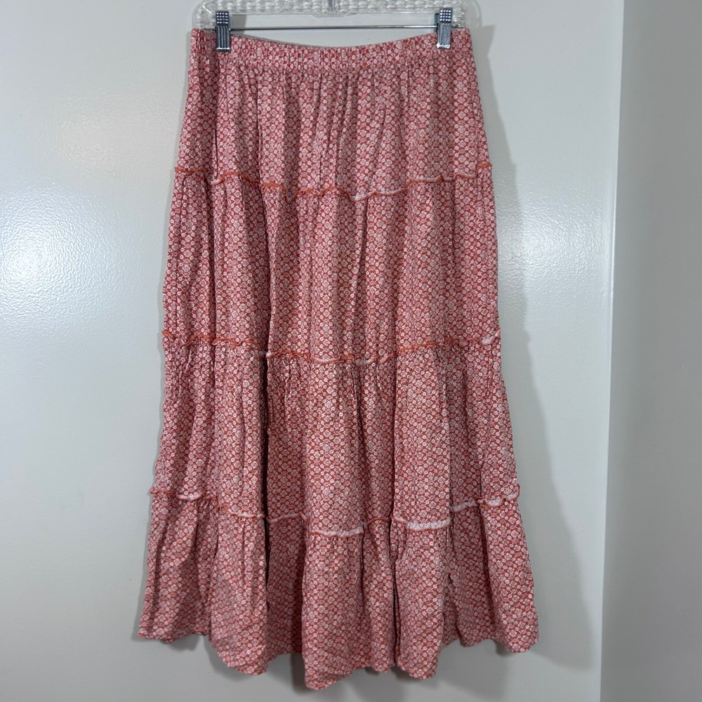 Japna Floral Tiered Maxi Skirt Coral Pink White Boho Cottagecore Rayon L